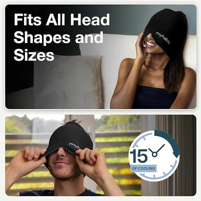MyHalos® Migraine Relief Cap, 30% Thicker, 2X More Cooling Gel, Stays Colder for Longer, Ice Hat, Ice Pack Head Wrap, Cold Headaches & Migraine Mask - Hangover, Tension Headache Relief Cap (Black)