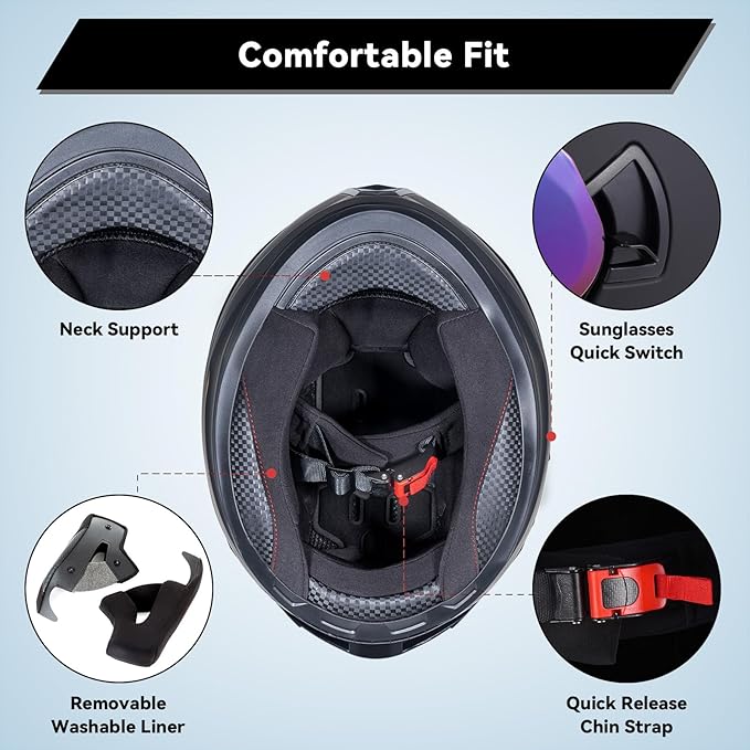 Full Face Motorcycle Helmets for Adult Men Women, DOT Approved Street Bike Racing Helmet Dual Visor Quick Release Buckle, Motorbike ADV Moped Helmet with Extra Clear Visor