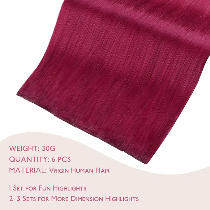 WENNALIFE Burgundy Red Clip in Hair Extensions Real Human Hair 35g 6pcs 22 Inch Colored Hair Extensions for Kids Women Colorful Hair Pieces Pop-up Style Straight Extensiones De Cabello Humano Con Clip