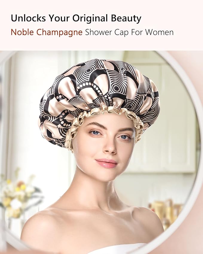 mikimini Medium Shower cap for Women and Girls,Champagne Shower Caps with Lace, Pack of 2,Double Layer Waterproof, Reusable, Washable, High-quality