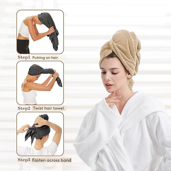 Women Microfiber Hair Towel Wrap with Elastic Strap,Super Absorbent Anti Frizz Drying Turban for Curly, Long,Wet Hair- Beige