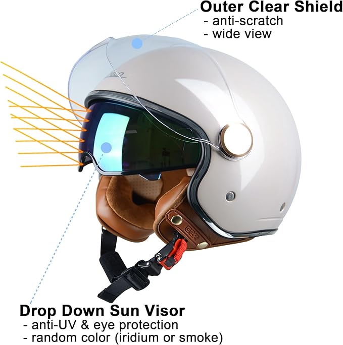 Open Face Motorcycle Helmet for Adults, DOT Approved,3/4 Retro Vespa Helmet, Dual Visors Men's and Women's Motorbike Casco for Moped Cruiser Bobber and Chopper