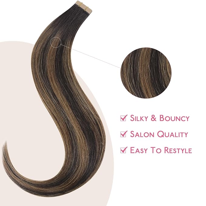 WENNALIFE Tape in Hair Extensions Human Hair Balayage Dark Brown Mixed Chestnut Brown Tape in Extensions, 10pcs 20g 12 inch Remy Invisible Tape Ins Straight Soft Real Human Hair Tape in Extensions