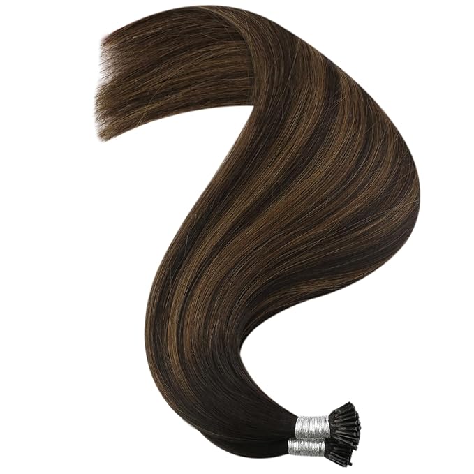 YoungSee I Tips Hair Extensions Human Hair Brown Itip Hair Extensions Balayage Dark Brown Itips Hair Extension Real Human Hair 20 Inch Ombre Real Hair Extension for Women 50g 50s