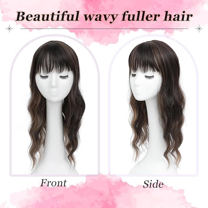 Hair Topper, 360° 3D Hair Toppers for Women with Thinning Crown, 18 Inch Long Wavy Curly Hair Pieces Clip in Bangs (Dark Brown Mixed Chestnut, 18 inch, French Bangs)