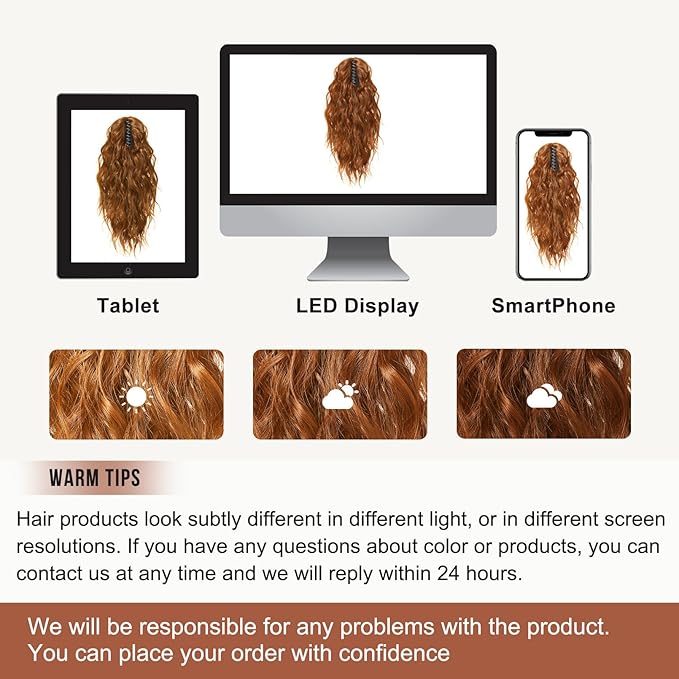 FLUFYMOOZ Ponytail Extension, 18 Inch Claw Clip Ponytail Extension, Wavy Curly Claw Clip in Ponytail Hair Extensions, Natural Fake Ponytail Synthetic Hairpiece for Women (Copper Red)