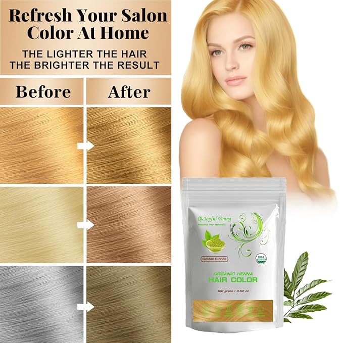 100% Organic Henna Hair Color – Natural, Chemical-Free Hair Dye for Rich, Vibrant Color & Gloss – Grey Coverage, Safe for All Hair Types, Vegan Non-Toxic, Herbal Hair Treatment (GOLDEN BLONDE)