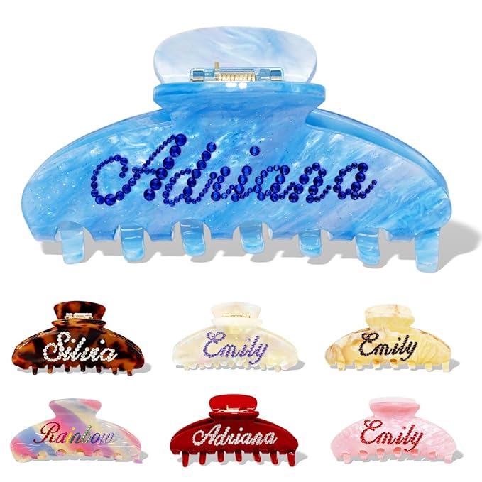 Personalized Colorful Name Hair Claw Clips for Women,Custom Hair Clips with Diamond,Cute Hair Accessories 4",Handmade Rhinestones Hair Clamp Gifts for Mom,Bride,Wife,Bridesmaid（Blue Sugar）