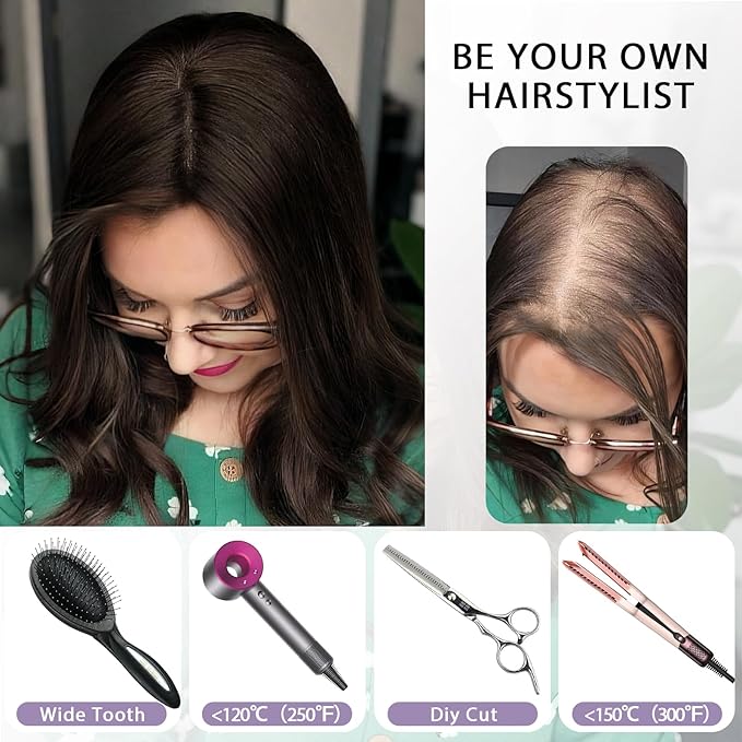 Hair Toppers for Women Real Human Hair, 3x5 Inch Injected Silk Base No Bangs 16 Inch Length 130% Density Hairpieces #1C Natural Black (Subtle Red Undertones in Sunlight)