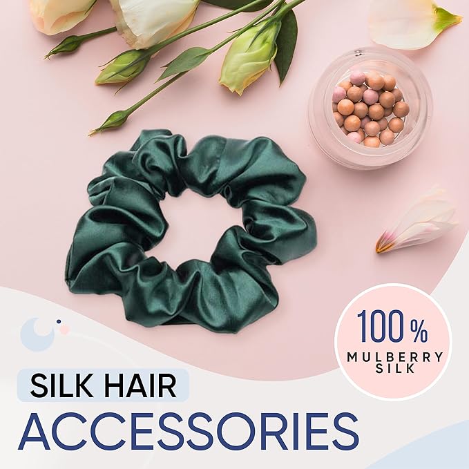 Blissy Silk Scrunchies (3 Pack) - 100% Pure Mulberry 22 Momme 6A High-Grade Fibers Scrunchie for Straight & Curly Hair (Emerald, Regular)