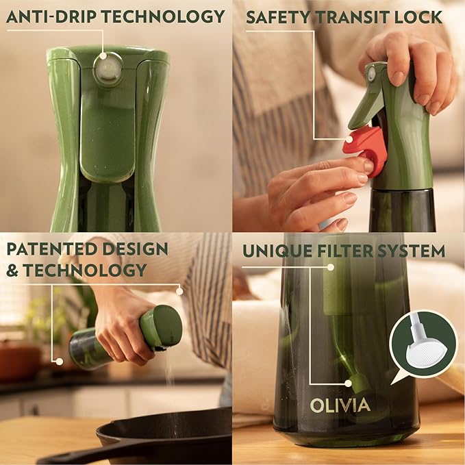 FLAIROSOL OLIVIA Oil Sprayer for Cooking, 2 Pack Green Glass Olive Oil Sprayer, 200ML Oil Dispenser for Kitchen, Continuous Oil Spray Bottle with Portion Control for Air Fryer, Salad, BBQ
