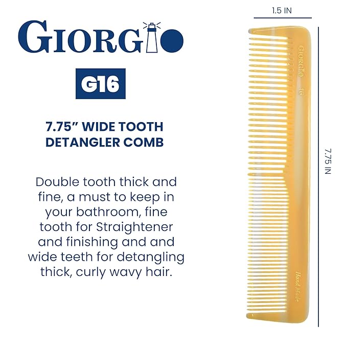 Giorgio G16 Fine Tooth and Wide Tooth Detangler Comb - Hair Comb for Men and for Women - Ideal as a Hair Styling Barber Comb and Detangler - Saw Cut and Handmade (Ivory)