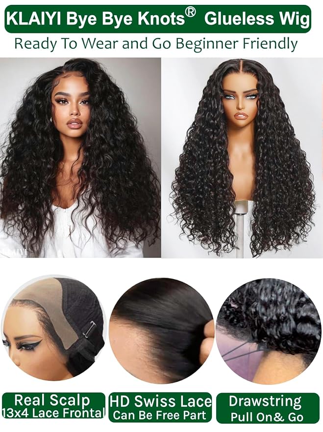 KLAIYI Water Wave HD Real Scalp Glueless Precut 13x4 Lace Front Human Hair Wig Drawstring Bye Bye Knots Pre Plucked Bleached Pre Everything 30S Ready to Wear and Go Deep Curly Wave Beginner Wig 16Inch