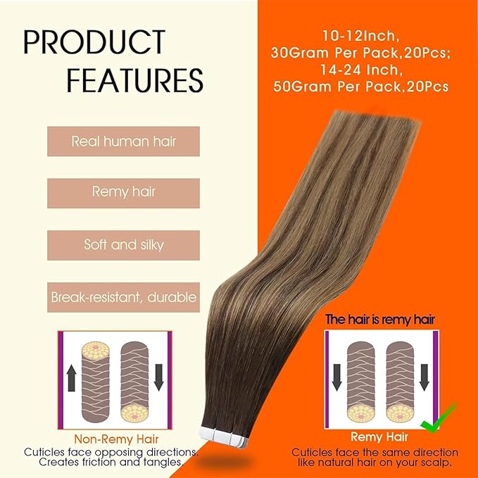 Full Shine Brown Tape in Hair Extensions Human Hair 20Inch Tape in Extensions 2/3/27 Brown Roots Caramel Blonde Human Hair 50G 20Pcs Seamless Skin Weft Human Hair Extensions Double Sided Adhesive Tape