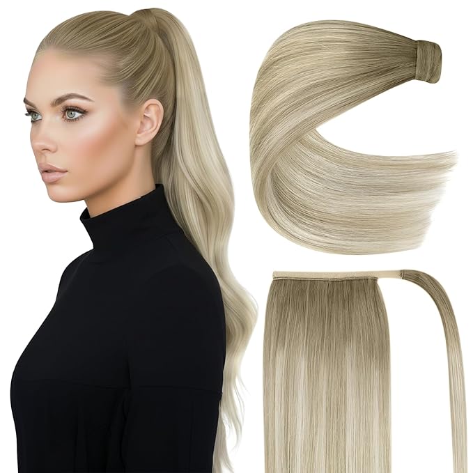 Ve Sunny Hair Extensions Ponytail Real Human Hair Wrap Around Clip in Ponytail Hair Extensions Straight Extensions Human Hair for Women Ash Grey Balayage Platinum Blonde 22inch 80G