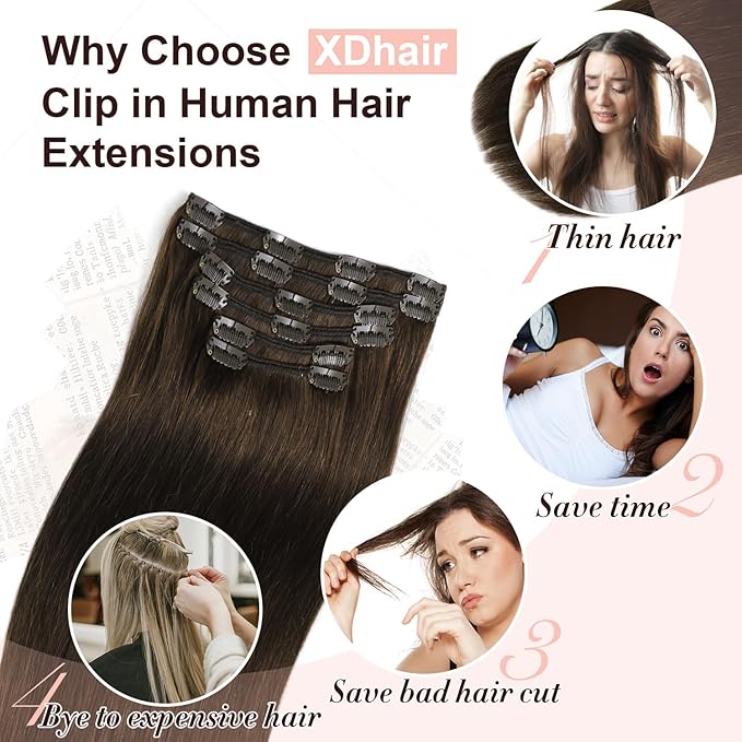 XDhair Clip in Hair Extensions Real Human Hair, 120G 6 Pcs Human Hair Clip in Extensions,Dark Brown Hair Extension Silky Straight #2 18 Inch