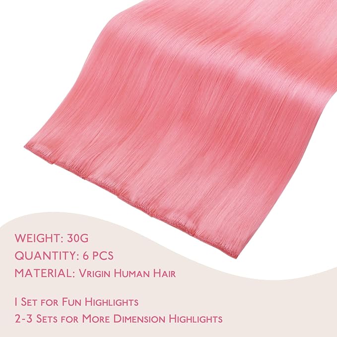 WENNALIFE Peach Pink Clip in Hair Extensions Real Human Hair 35g 6pcs 16 Inch Colored Hair Extensions for Kids Women Colorful Hair Pieces Pop-up Style Straight Extensiones De Cabello Humano Con Clip