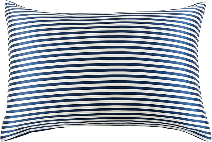 THXSILK Mulberry Silk Pillowcase for Hair and Skin Health, Grade 6A+ Mulberry Silk Pillowcase with Hidden Zipper, Soft and Breathable, 1pc (Queen 20"x30", Blue White Stripes)