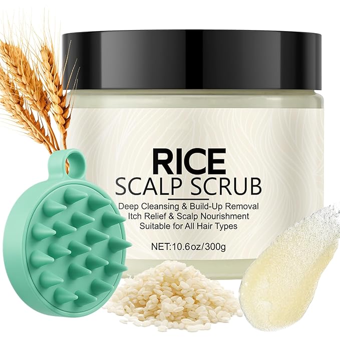 Scalp Scrub with Rice Extract & Hyaluronic Acid, 2-in-1 Exfoliating Shampoo for Hair Treatment, Includes Silicone Scalp Massager, Removes Buildup & Dandruff, 10.6oz