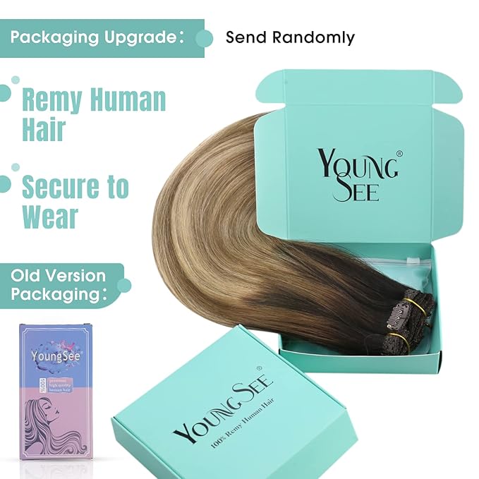 YoungSee Balayage Clip in Hair Extensions Real Human Hair Ombre Clip in Extensions Remy Hair Clip on Hair Extension Dark Brown Roots to Light Brown with Blonde 12inch 85g