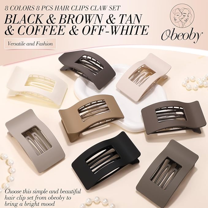 Obeoby 8 PCS Flat Hair Clips for Women, Medium Lay Flat Claw Clips for Thick Thin Hair French Hair Accessories Barrettes
