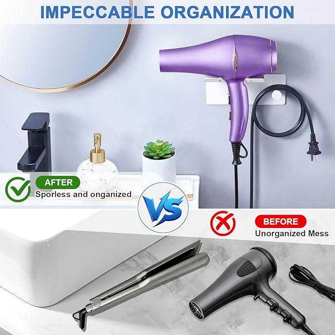 Hair Dryer Holder Wall Mounted, Blow Dryer Holder Adhesive, Metal Hairdryer Holder for Bathroom, Hair Tool Organizer with Plug&Cord for Cabinet Bathroom Bedroom Barber Shops