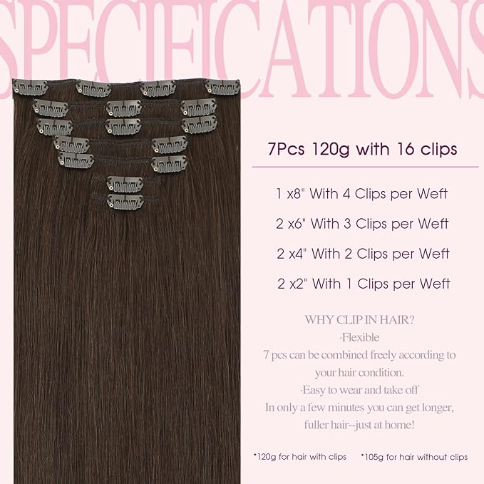 PINKPEARL Human Hair Clip in Hair Extensions 20inch #4 Chocolate Brown Clip in Hair Extensions Real Human Hair 7pcs 120g Natural Human Hair Clip ins for Women(#4-20)