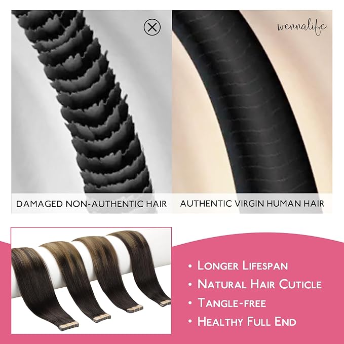 WENNALIFE Tape in Hair Extensions Human Hair Dark Brown to Chestnut Brown and Dirty Blonde Highlighted, 10pcs 30g 26 inch Remy Invisible Tape Ins Straight Colored Soft Refill Set