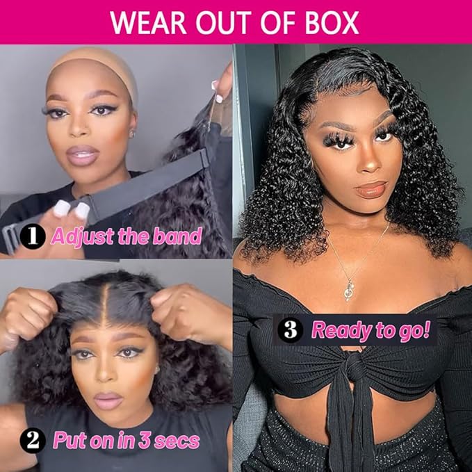 GOLFMAX 16 Inch Glueless Wigs Human Hair Pre Plucked Pre Cut Curly Bob Wig Human Hair Wear And Go Glueless Wigs 4x4 Lace Closure Short Human Hair Wig