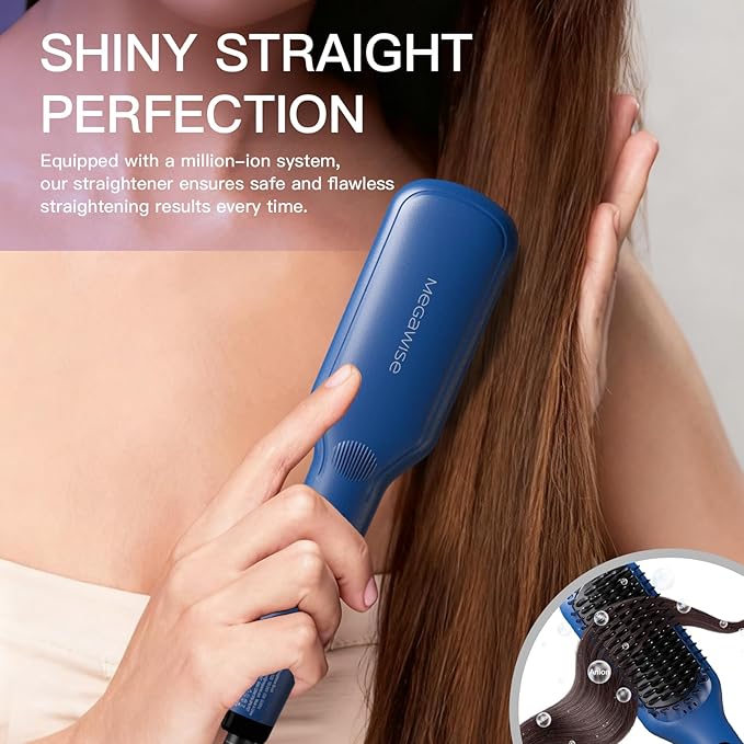 MEGAWISE Hair Straightener Ceramic Brush; Anti-Scald Dual Voltage Flat Iron Hot Brush | Rotatable Cord |Auto Shutoff | Anti-frizz |for All Hair Types (Gentian Blue)