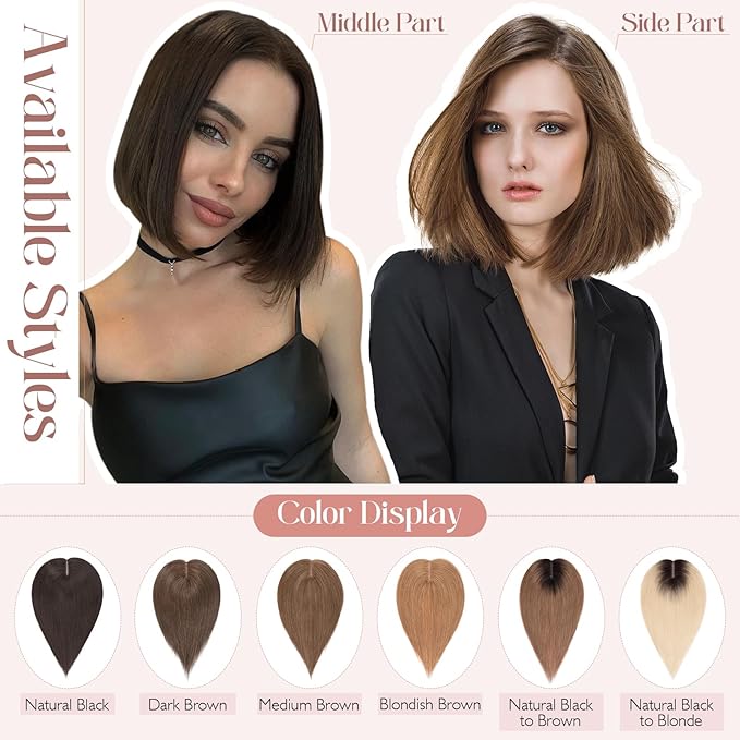 Hairro 100% Human Hair Topper No Bangs, Real Clip in Hair Hairpieces for Women, 3.94x4.72" Silk Base for Thinning Receding High Hairline, 12 Inch Dark Brown Middle Part