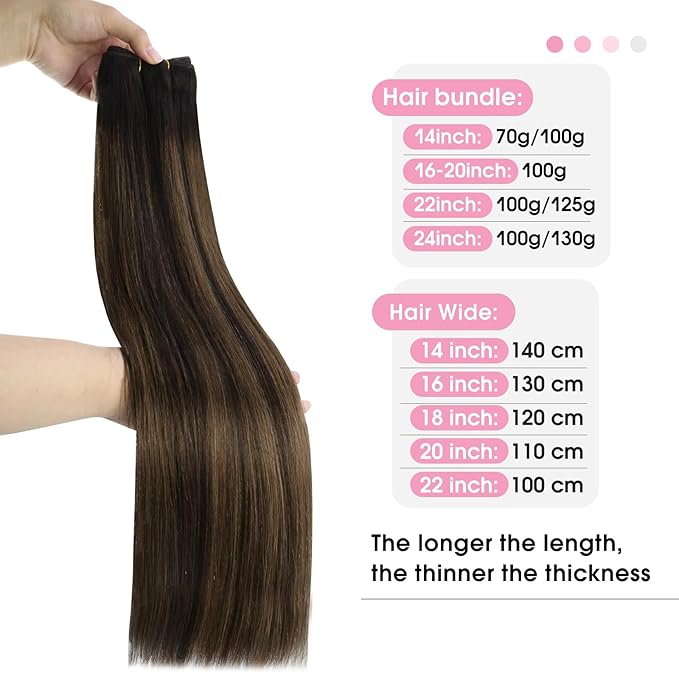 YoungSee Weft Hair Extensions Brown Balayage Straight Weft Hair Extensions Human Hair Ombre Sew in Extensions Dark Roots to Medium Brown Highlights Remy Hair 20Inch 100G