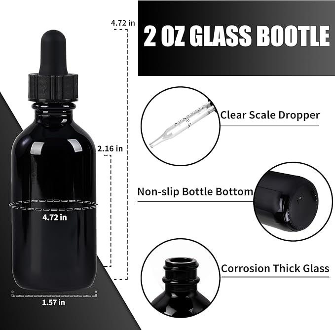 48 Pcs, 2oz Glass Dropper Bottle, Leakproof Tincture Bottles with Dropper, Black Reusable Eye Dropper Bottle, for All Kinds of Liquids (Black,2oz-48pcs)