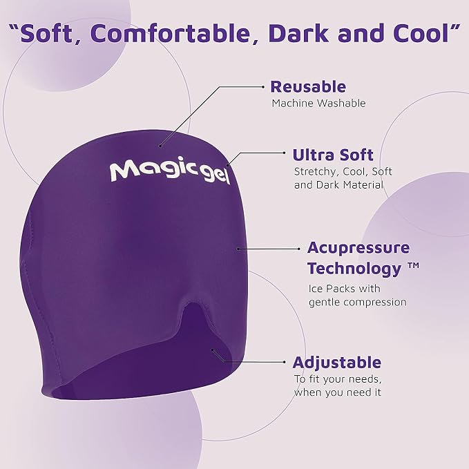 Magic Gel Migraine Ice Head Wrap | Real Migraine & Headache Relief | The Original Headache Cap | Cold, Comfortable, Dark & Cool; Endorsed by Physicians, Loved by Thousands (Purple)