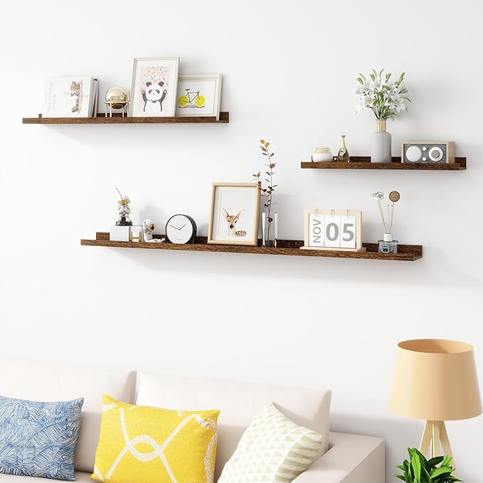 Picture Ledge Shelf, Wood Long Floating Shelves for Wall, Set of 2, 48 inch Picture Ledge Shelves, Photo Ledge Nursery Book Shelves Wall Mounted for Living Room Kids' Room Bedroom, Color Brown