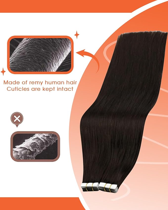 Sunny Hair Tape in Hair Extensions Real Human Hair Invisible Remy Hair Extensions Tape ins for Women Darkest Brown 24 inch 25G