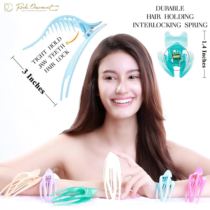 RC ROCHE 6 Pcs Flat Hair Clips Big Claw for Thick Hair French Duckbill Women No Slip Side Slide Curved Alligator Concord Strong Grip Hold Volume Lay Down Clamp, Medium Pastel Multicolor