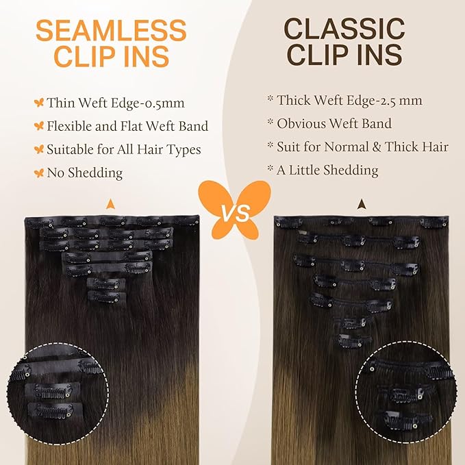 DOORES Seamless Clip in Hair Extensions Real Human Hair Extensions, Chocolate Dip Color Melt 120g 24 Inch 7pcs, Clip in Human Hair Extensions Straight Hair Invisi Edge Hair Extensions