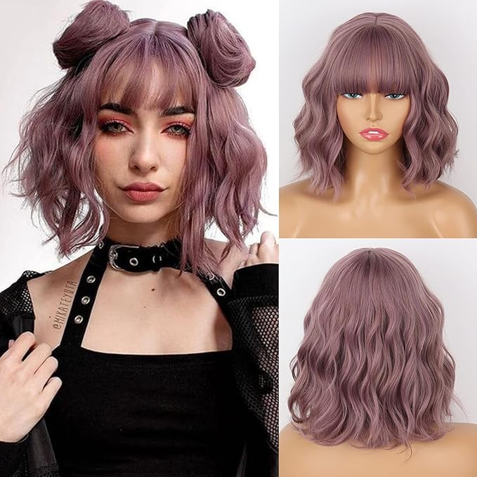 MISSQUEEN Short Wavy Wigs for Women,Synthetic Cute Purple Wavy Wigs with Bangs,14inch Natural Curly Synthetic Women Bob Wig(Purple)