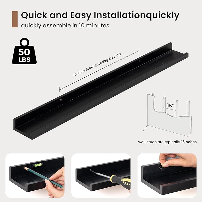 Picture Ledge Shelf, Solid Pine Wood Floating Shelves Set of 2, 32 Inches Nursery Book Shelves for Toys Storage, Kids Bookshelf Wall Mounted for Living Room Bedroom Decor Books Photo Frames, Black