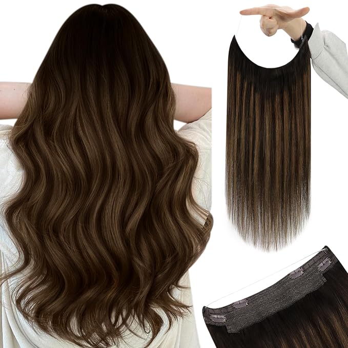 YoungSee 130G Wire Hair Extensions for Women Brown Wire Hair Extensions Human Hair Darkest Brown Mix Medium Brown Balayage Human Hair Fish Line Extensions 22Inch