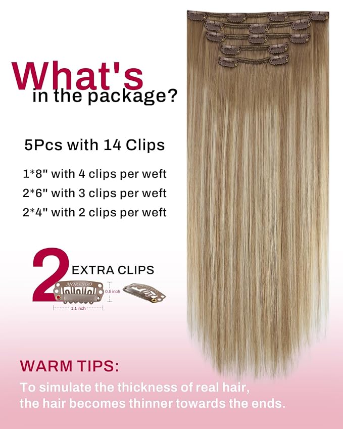 Moresoo Clip in Hair Extensions Real Human Hair Double Weft Human Hair Clip in Extensions Straight Balayage Ombre Light Brown Mixed with Golden Blonde 5pcs 80g 18inch
