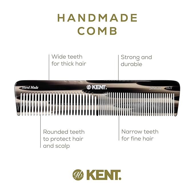 Kent 16T G Black Graphite Fine and Wide Tooth for Daily Grooming,Handmade Styling Comb for All Hair Types,Wet or Dry Hair Detangling Comb for Men and Women,Saw Cut Hand Polished,Made in England