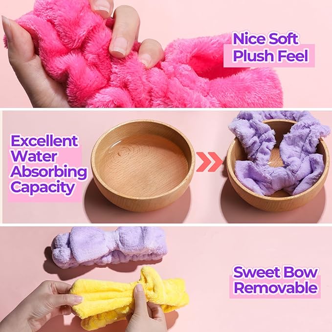 LEOBRO Spa Headband, Makeup and Skincare Headbands, Headband for Washing Face, with Bows for Hair Decorations, and Hair Scrunchies, Christmas Gifts for Teens, Girls, Women (Rose Red & Yellow & Purple)