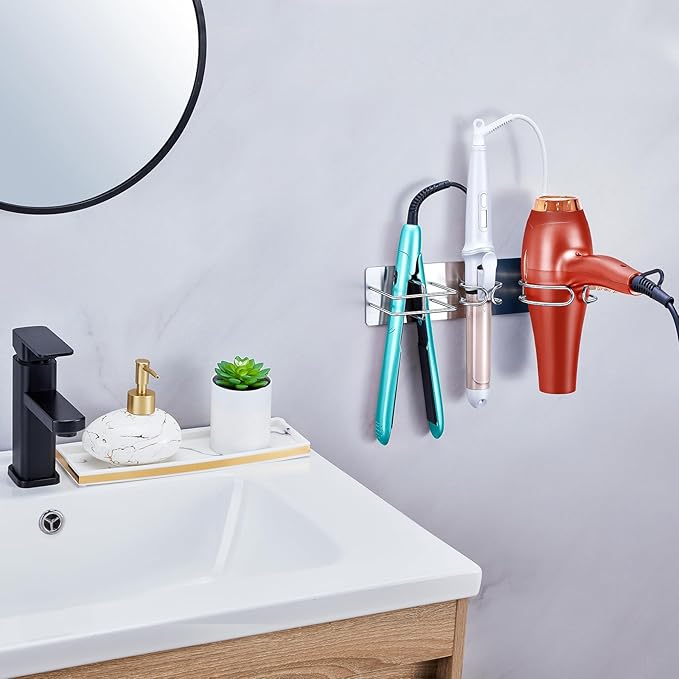 Blow Dryer Holder Wall Mounted Curling Iron Holder, 3 in 1 Hair Tool Organizer for Straightener, Curling Iron, Hair Dryer Holder Adhesive Flat Irons Storage for Bathroom Barber Shop (Silver)