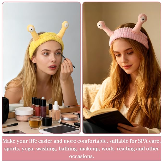Snail Face Wash Headband Skincare & Wrist Bands for Washing Face Set Cute Spa Headband for Women and Wrist Faces Wash Bands for Shower, Facial Cleaning, Soft Coral Fleece Makeup Headbands,Yellow＆Pink