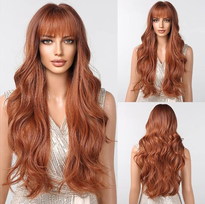 EMMOR Long Curly Ginger Orange Wigs with Bangs for Women, Heat Resistant Synthetic Wavy Wigs for Daily/Party/Cosplay