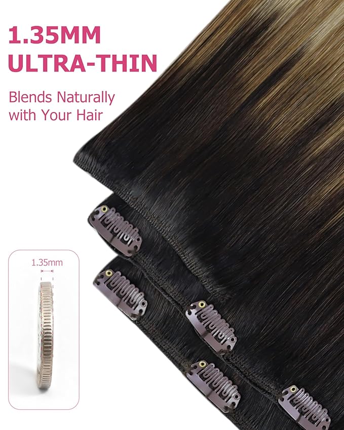 YoungSee Clip in Human Hair Extensions Balayage Clip on Hair Extensions for Women Darkest Brown to Blonde with Brown Balayage Clip in Extensions Real Human Hair Long Straight Hair 24Inch 120G 7Pcs
