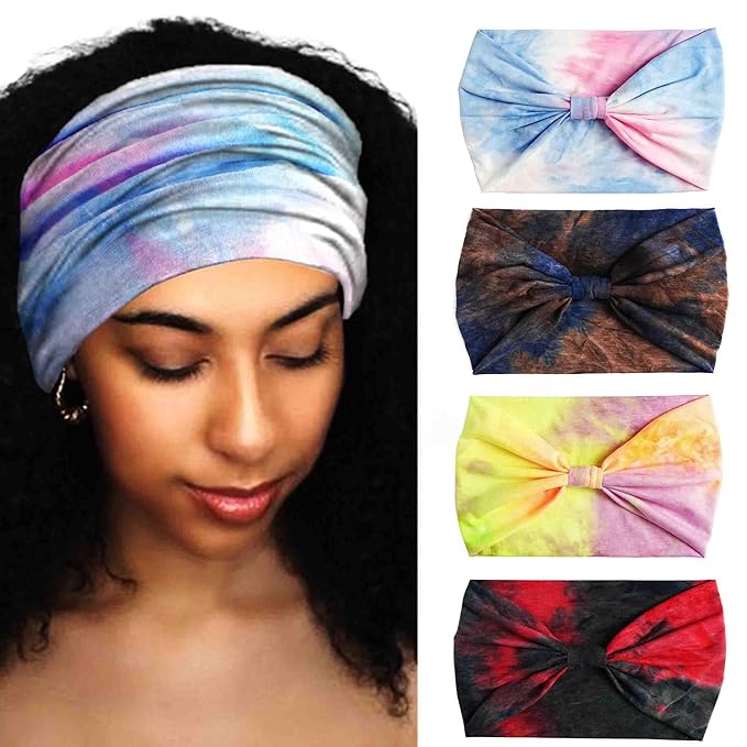 Wide Headbands Stretch Turban Knotted Hairbands Elastic Yoga Workout Sweatband Running Sport Head Scarf Large African Head Wraps for Women 4 Pcs (Set F)