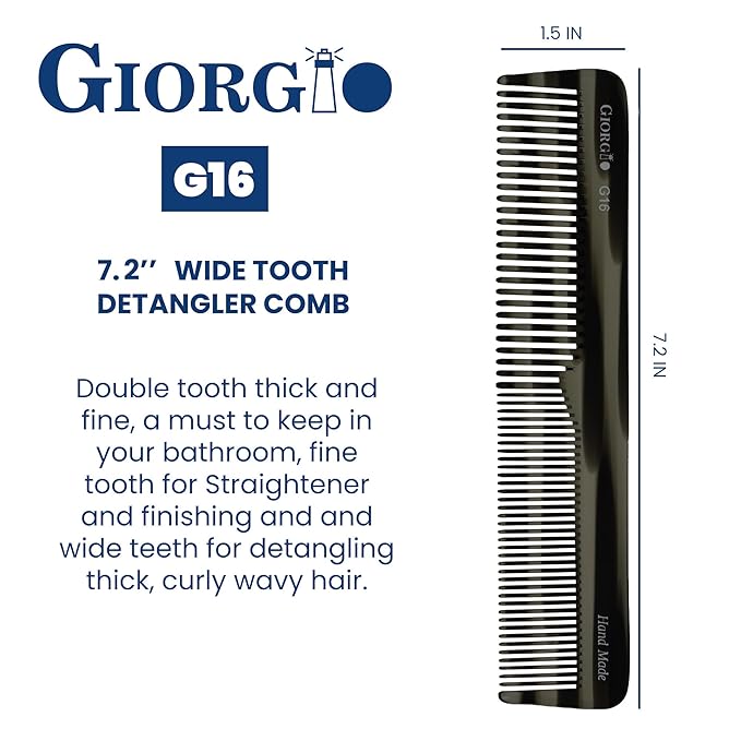 Giorgio G16 Fine Tooth and Wide Tooth Detangler Comb - Hair Comb for Men and for Women - Ideal as a Hair Styling Barber Comb and Detangler - Saw Cut and Handmade (Black Graphite)